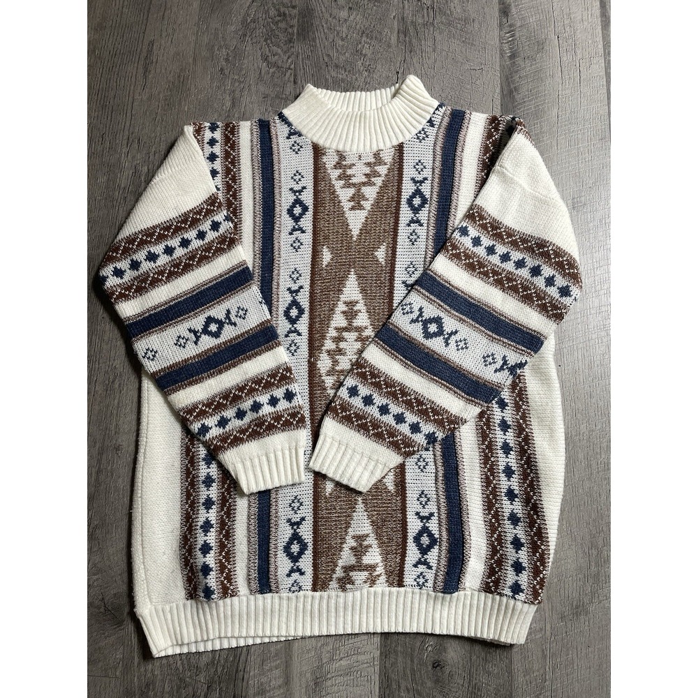 Vintage 80's Clifton Place Sweater Size XL  White Bohemian Aztec Made in USA